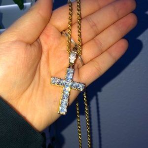 Iced Princess Cut Cross Pendant in Gold with Chain